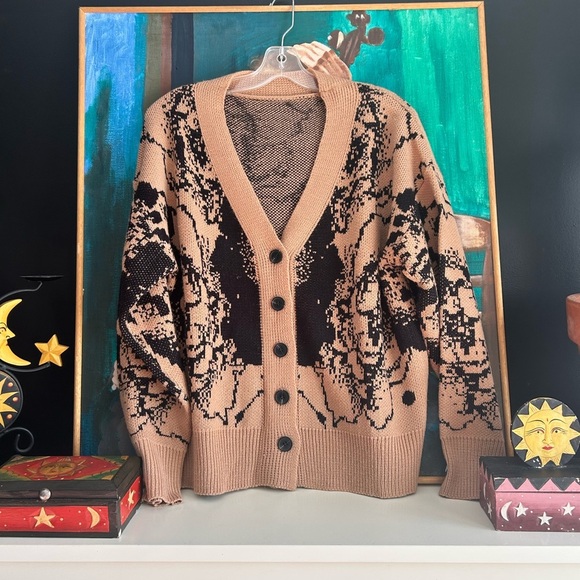 joress Sweaters - Chic Tan and Black Floral Cardigan Small